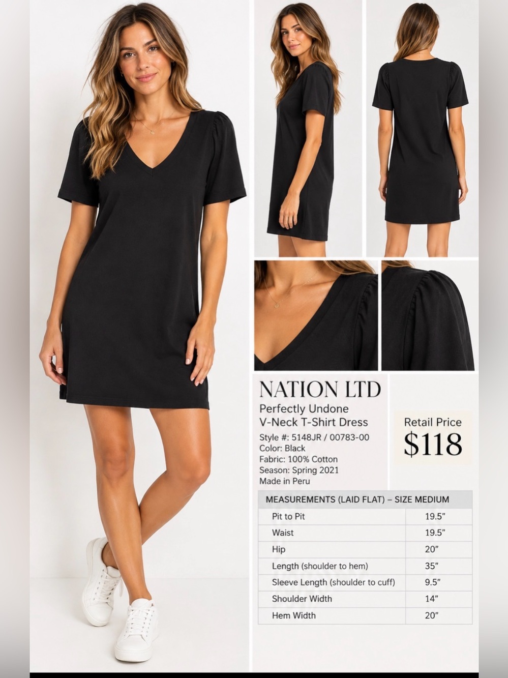Nation LTD Perfectly Undone Black V-Neck T-Shirt Dress, Size M